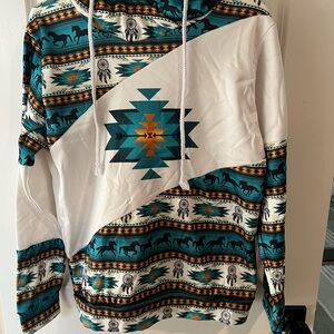Tribal Print Hoodie with Teal and White Accents